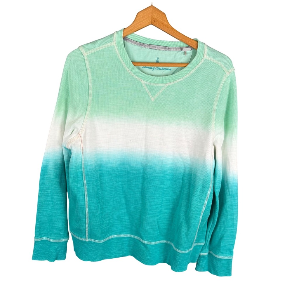 Tommy Bahama Mens Large Teal Green Ombre Dip Dye Slub Knit Sweatshirt Pineapple